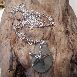 Sea Glass Silver Starfish Necklace 16"